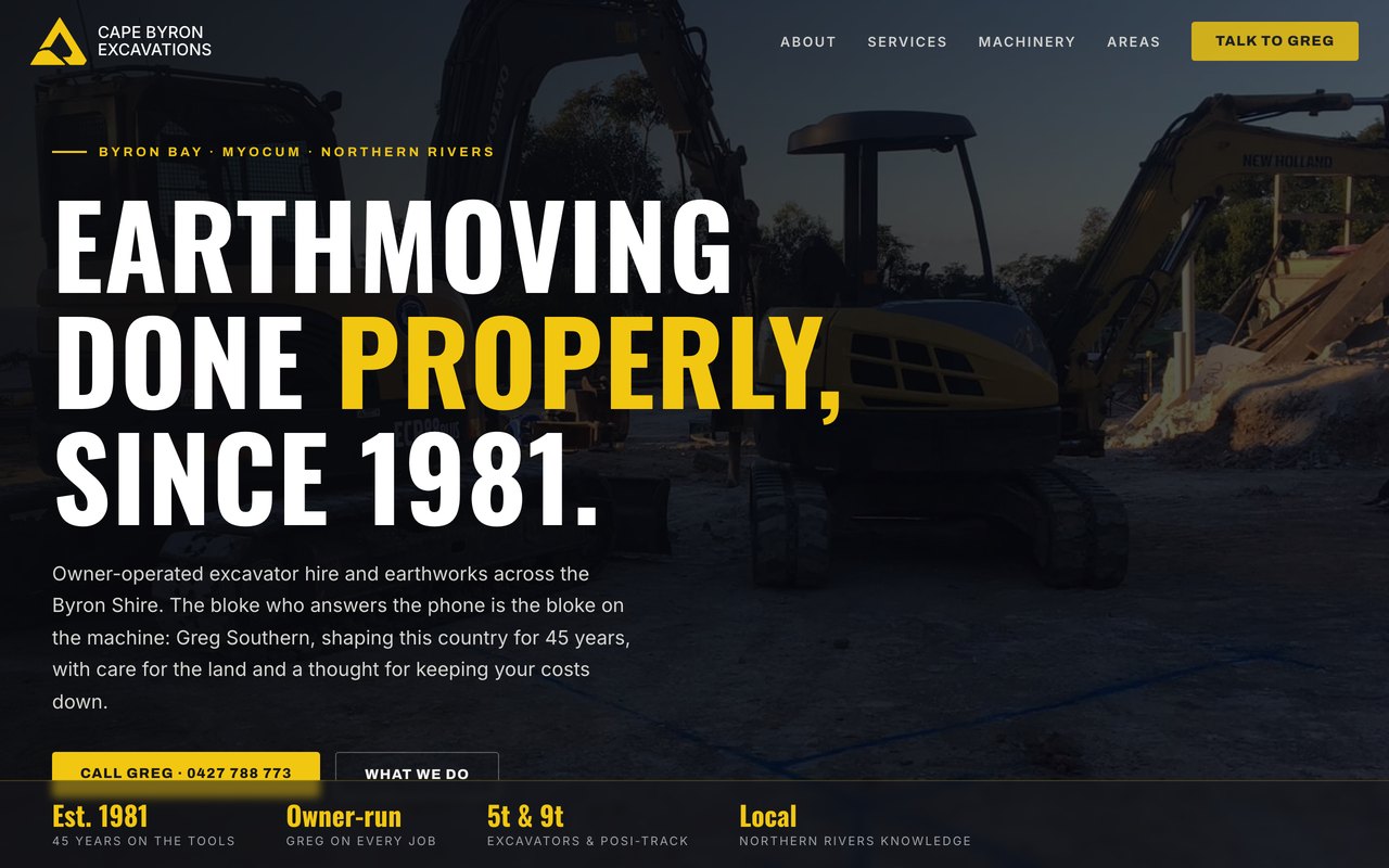 Cape Byron Excavations website on a laptop
