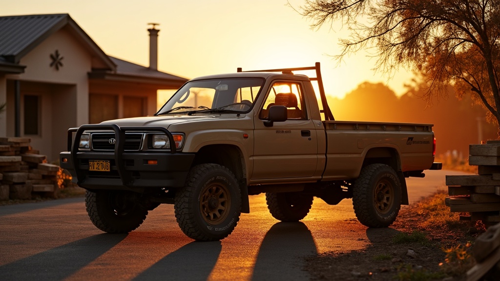 A tradie work ute at a job site at golden hour