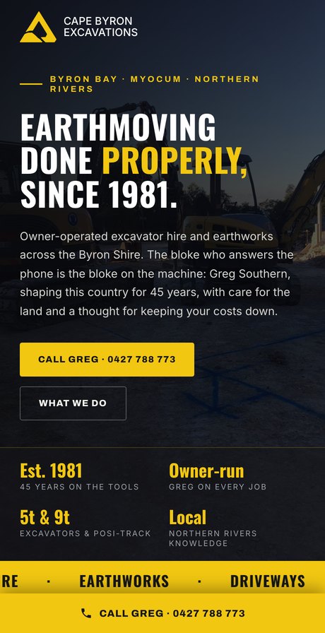 Cape Byron Excavations website on a phone